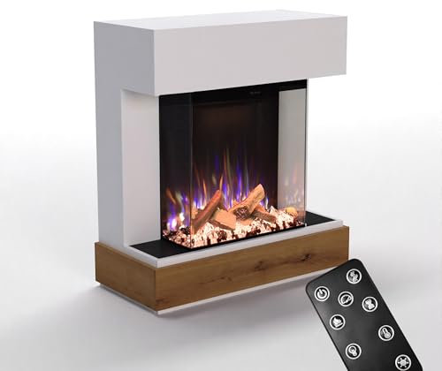GLOW FIRE Kaminofen PR12 mit realistischem 3D E-Motion LED-Feuer - Stand-Elektrokamin mit Heizung und Kaminfeuer, Knistereffekt & Timer, max. 1500 W, 61,5x130x40cm, Weiß