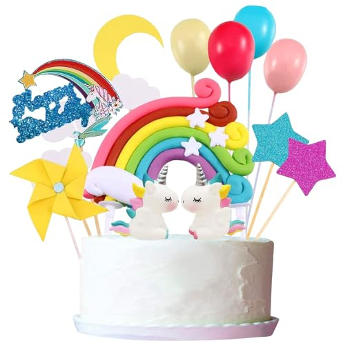 MUNSKT Pack of 32 Unicorn Cake Decorations, Children's Birthday Cake Topper, Rainbow Stars Ball Cloud Balloon for Girls Boys, Macaron Decors Party Supplies