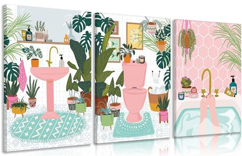 3pcs Pink Bathtub Plant Canvas Wall Art Maximalist Botanical Bathroom Wall Decor Pictures Pink Toilet Bathtub Sink Posters Prints Paintins for Washroom Artwork Home Decoration Ready To Hang