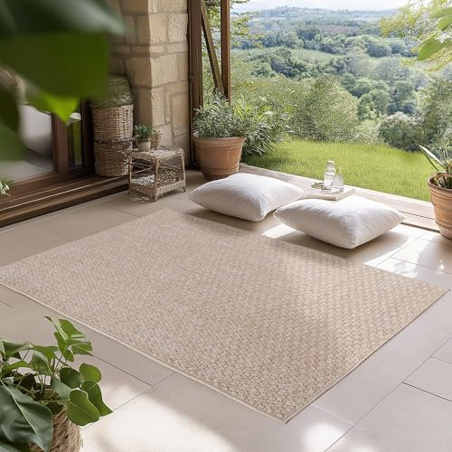 SIMPEX Tapis d Extérieur Beige 80x150 cm, Résistant aux Intempéries et aux UV, Idéal pour la Cuisine, Le Balcon, la Terrasse, Le Salon et la Salle à Manger, Design Uni Style Bohème.