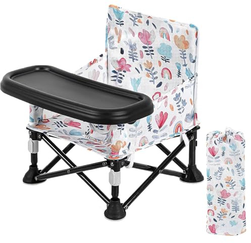 LADIDA Tragbarer Baby-Hochstuhl mit abnehmbarem Tablett, faltbarer Reise-Hochstuhl mit Reisetasche, Blumenmuster, zusammenklappbarer Sitzerhöhung, Fütterungsstuhl für drinnen und draußen, Strand