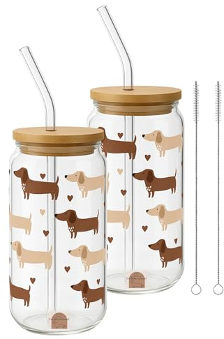 frechdachshund Dackel Glas Mit Deckel und Strohhalm - 500ml - Gläser Mit Holzdeckel, Trinkglas mit Halm und Bambusdeckel für jede Art von Heiß- und Kaltgetränken (2 Gläser)