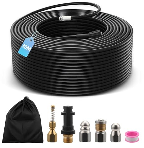 Furet Deboucheur Canalisation Haute Pression 30M,Tuyau Flexible 210 Bar 60°C,Avec Adaptateur,Buse Fixe/Rotative,Rallonge De Tuyau Pour Karcher Nettoyeur Compatible Avec Kärcher K2-K7 (30M)