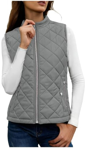 NSICBMNO Gilet Rembourré pour Femme avec Poches à Fermeture Éclair, Veste Matelassée à Col Montant pour Dames, Veste Légère en Duvet, Gilet Matelassé à Manches Courtes, Veste Ajustée pour l’Hiver