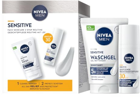 NIVEA MEN Sensitive Waschgel + Gesichtspflege LSF 30 Set – Geschenkset mit Gesichtsreiniger (100 ml) & Gesichtscreme (50 ml) – Pflegeset für Männer mit empfindlicher Haut