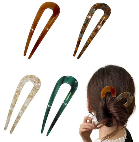 COYUN 4 Pezzi Forcina a Forma di U, Confezione fermagli per capelli per chignon francese grandi,Perno per Capelli Bastoncino Vintage Ondulato Guscio di Tartaruga per Ragazze