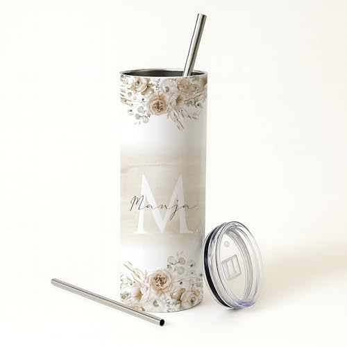 Personalisierter Thermobecher mit Namen & Initialen Boho Floral Edelstahl Kaffeebecher to go mit Strohhalm Geschenk für Frauen u. Mädchen, Personalisierter Becher 570 ml (Blumen & Namen)