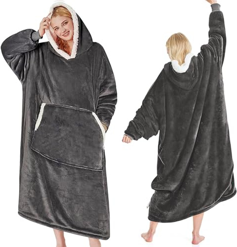 Wearable Hoodie Blanket - 120cm Oversized Sherpa Blanket Hoodie, Thick Polyester Flannel Winter Hooded Blanket Deep Vertical Pockets, Super Soft Warm Blankets Gifts for Women and Men, One Size (Grey)