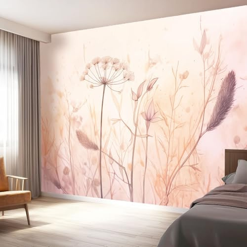 Carta Da Parati 150 x 105 cm（WxH,Fotomurali Acquerello Fiori Di Campo Onirico Murale Alla Moda Decorazione Da Muro Poster Gigante Design Carta Per Pareti Camera Da Letto Rosa