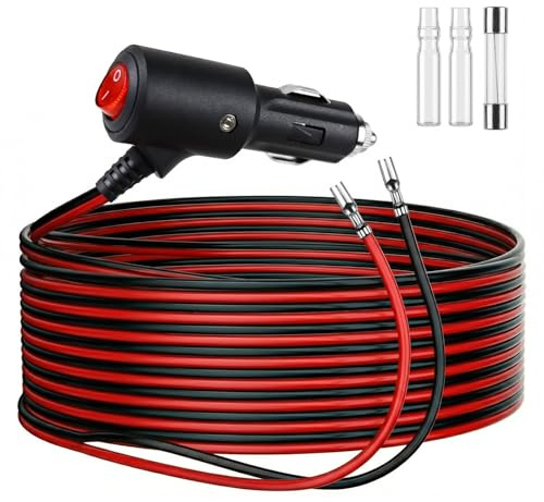 Enchufe para encendedor de cigarrillos con interruptor, 4 m – 12 V/24 V, cable de extensión de cobre 16 AWG con LED y fusible de 15 A, adaptador de vehículo para coche, autocaravana, barco
