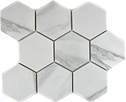 Mosaik Fliesen Mosaikfliesen Keramikmosaik Keramik Kachel weiß Hexagon Carrara Optik | 10 Mosaikmatten