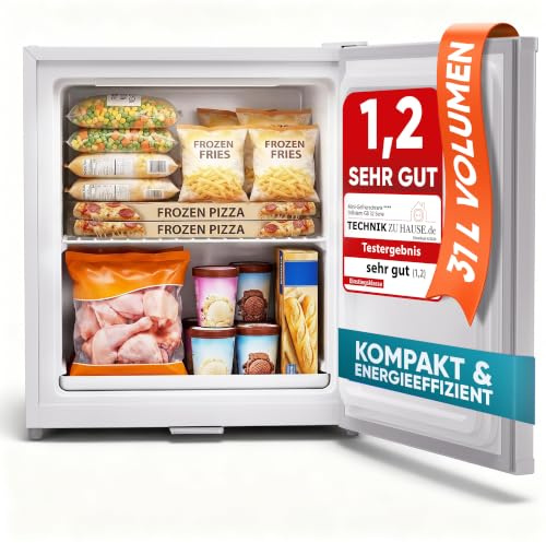 Stillstern Mini Gefrierschrank klein & leise 31L, Tiefkühltruhe mini Freezer -18°C mit Eiswürfelschale & Schloss, Türanschlag r./l., 4-Sterne Tiefkühlschrank klein Gefrierschränke Camping/Büro Weiß