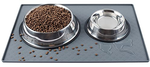 Coomazy Napfunterlage für Hund Katzen, Erhöhtem Rand Verdickter Futtermatte Hunde mit Hundepfotenabdruck, wasserdichte rutschfeste Silikon Hundenapf Futternapf Matte (Grau, L: 60x40cm)
