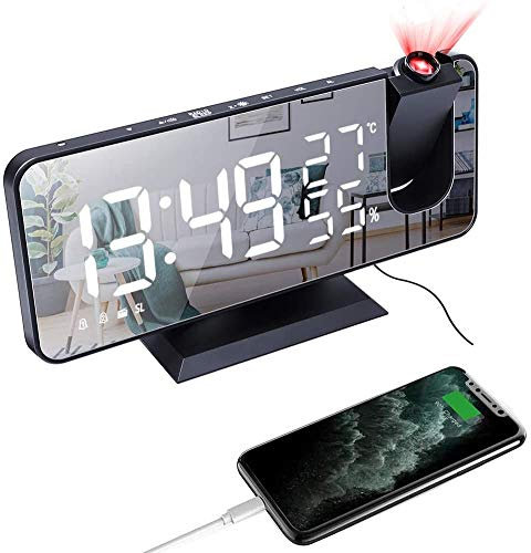HMEDA Projektionswecker,Led Digital Wecker Dual Alarm mit USB Anschluss,3 einstellbare Projektionshelligkeit mit FM-Radio,Einstellung für Schlafzimmer Büro