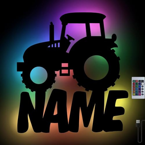 Namofactur personalisierte RGB-Traktor-Wandlampe aus Holz | Mit Wunschname, USB und Fernbedienung – RGB-Farbwechsel mit optionalem Netzteil für Kinderzimmer und Traktor-Fans