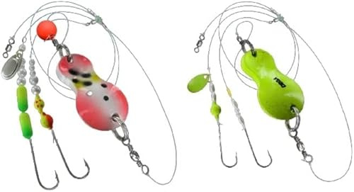 blntackle76 Set 2 Stück Buttlöffel von Jenzi Plattfisch Blinker montiert 60 Gramm rot/weiß/Punkte 40 Gramm gelb Glitzer und + gratis Petri Heil! Aufkleber