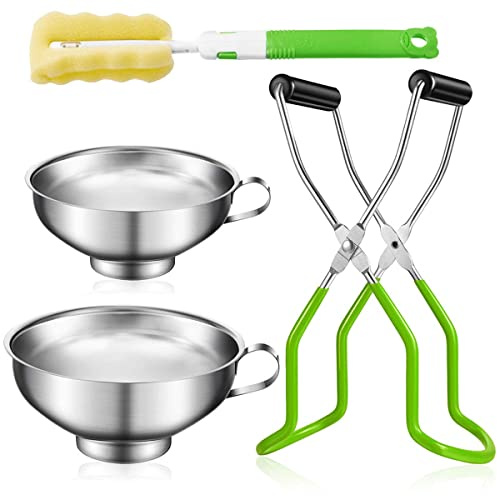 Jetcloud 4Pcs Stainless Steel Canning Funnel with Jar Lifter Tongs Cleaning Brush Anti-slip Tin Clamp for Wide Regular Mason Jars Transferring Liquid
