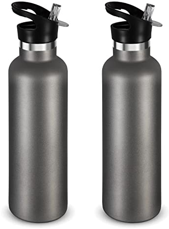 Volhoply 750ml Trinkflasche Edelstahl Zwei Packungen,Doppelwandig Vakuum Isolierte Thermosflasche mit Strohhalm,Metall Water Bottle Thermobecher FüR kinder, Sport, Schule, Outdoor(Kaltes Grau,2 Set)