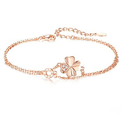 Belons Womens Bracelet Silver/Rose Gold 925 Sterling Silver Cubic Zirconia Four Leaf Clover Charm Bracelet Adjustable Chain, Gift for Girls Women (Rose Gold)