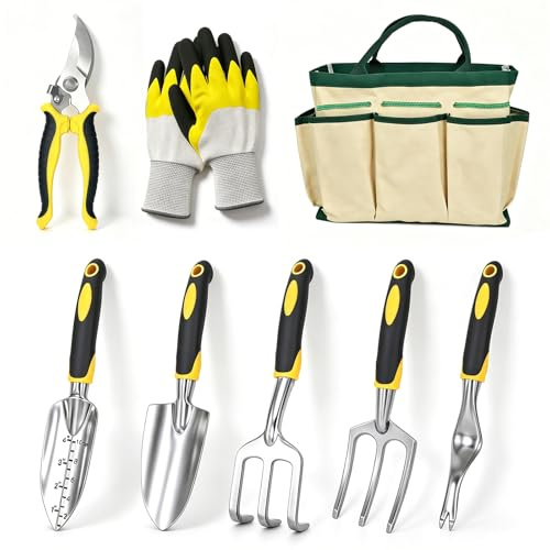 QianRuiDa Ensemble Outils de Jardinage 8 Pièces - Truelles, Râteaux, Sécateur, Gants et Sac de Rangement, Acier Inoxydable, Poignées Ergonomiques, Idéal pour Plantation et Entretien du Jardin