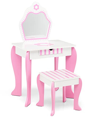 COSTWAY Toeletta Trucco per Bambina in Legno 2 in 1 con Specchio Staccabile | Postazione Trucco Robusto con Cassetto e Sgabello, 49 x 34 x 86 cm, Bianco e Rosa