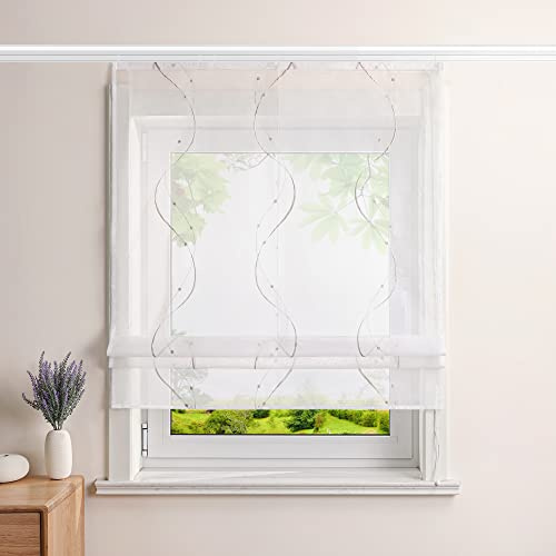 Heichkell Voile Raffrollo, Vorhang mit Stickerei, Sand BxH 120x140cm | Rollo mit Klettband, Transparent Raffgardinen, Wohnzimmer Gardine