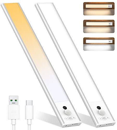 pinci 30CM Under Cabinet Kitchen Lights, 2Pack Wardrobe Lights Motion Sensor with Magnetic, 3 Adjustable Color Temperatures, USB Rechargeable Light Suitable for Stairs, Wardrobes, Kitchens, Garages