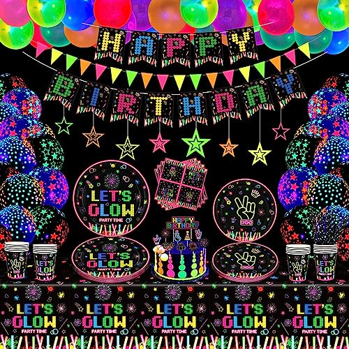 178er Set Leuchtendes Neon Party-Zubehör - Glühen im Dunkeln, Teller, Banner, Luftballons, Neon-Tischdecken, Sternengirlande für 20 Personen