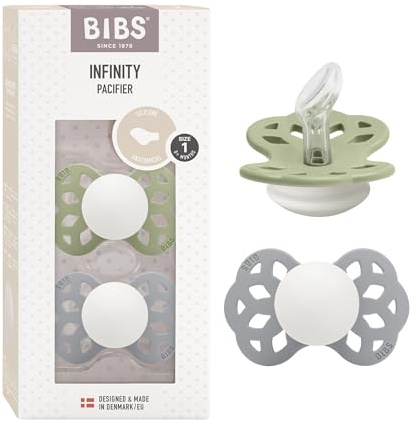 BIBS Infinity Glow Anatomical Självlysande Napp 2-Pack, Anatomisk sugdel. Silikon, Tillverkad i Danmark, Storlek 1 (0-6 månader), Sage Glow/Cloud Glow