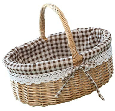 DELURA Picknickkörbe aus Korbgeflecht mit Griffen, handgewebte Picknicktasche, Geschenk-Hochzeitskörbe, ovaler Weidenkorb, Innenkorb aus Leinen, Größe L /479 (Color : Coffee, Size : 26 * 20cm)