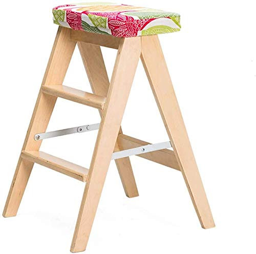 KAZUP Indoor-Kletterhocker, klappbarer 3-Stufen-Tritthocker, Leiterstuhl, Holz-Haushaltsstuhl, Trittleiter, Blumen-Schwamm-Sitz, verbreiterter Hocker/Holz (Holz)