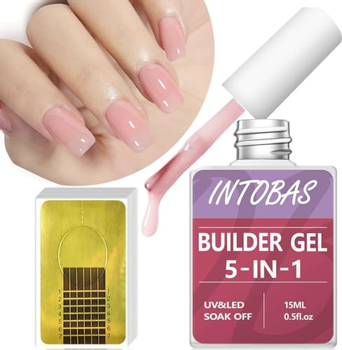 INTOBAS UV-Gel 5-in-1-Set, Builder Gel, Rosa, 15 ml, mit 100 Chalbon Nägeln, UV/LED-Nagelgel, Aufbaugel, Basisgel für Verlängerung und Verstärkung, Maniküre zur Reparatur