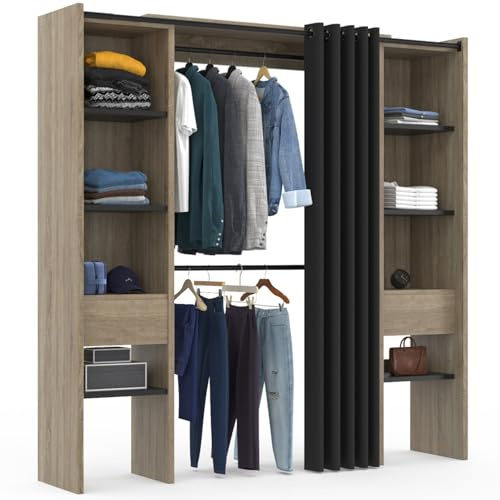 IDMarket - Doppeltes ausziehbares Ankleidezimmer MERYL 120/180 x 50 x 180 cm Buche mit Regalen Buche + doppelter Kleiderschrank + schwarzer