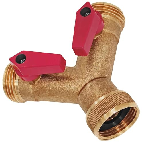 MegaHaustechnik Verteiler Y-Stück aus Messing, mit 2 Absperrventilen, 1 Zoll Innengewinde Überwurf-Rändelmutter IG mit Gummidichtung, 2x Außengewinde AG, DurchlassØ 30mm, rote Griffe, Absperrhähne