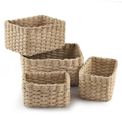 Wicker Basket, Revivoer Set of 4 Small Wicker Hamper for Gifts, Multifunctional Storage Baskets Empty for Bedroom Home Office (Natural)