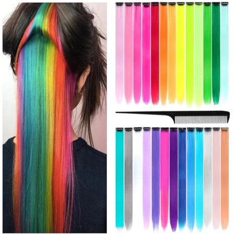 26 Stück Farbige Haarverlängerung Clips In/On, 55cm, 26 Farben | Haarsträhnen zum Einflechten 55cm Bunte Haarteile zum Einklipsen mit Kamm, Bunte Haarverlängerung Clips