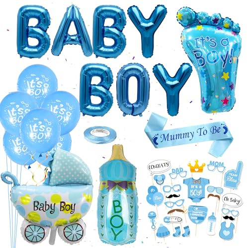 Party Dekoration Junge Blau - 46 Stück Baby Shower Deko, Banner, Folienballons, Fußfolienballons, Babyflasche, Mummy to Be Sash, Photo Props für Boy Gender Reveal Babyparty