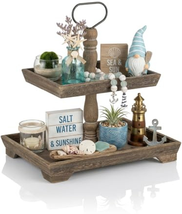 Hanobe Plateau Decoratif Bois de Service: 2 Etages Vintage Plateaux Rectangulaire Brun Vieilli pour Cuisine Ilot Central - Retro Plateau Decoratif Presentoir pour Table a Manger