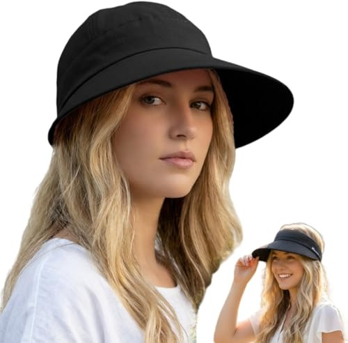 HIQIU Sonnenhut Damen Sonnenschutz Breite Krempe Visor Cap, Top Abnehmbar Kappe mit Reißverschluss Sommerhut Sonnenmütze für Golf Reisen (DE/NL/SE/PL, Alphanumerisch, Einheitsgröße, M, Schwarz)