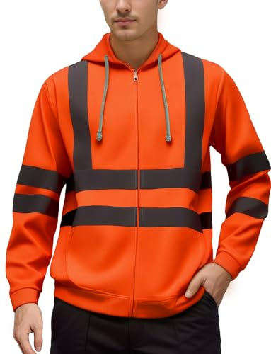 AIEOE Herren Sicherheitsjacke Winter Outdoor Warnjacke Hi-Viz Warnschutzjacke mit Innenfleece Hoodie Pullover Jacke Warnschutz Arbeitsjacke Reißverschluss Reflektoren Sweatshirt - XXL