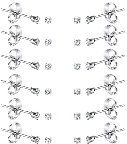 6 Pairs Small Cubic Zirconia Stud Earrings, 2mm Women's Stainless Steel Round Clear Earrings, Tiny Diamond Stud Earrings for Men Women Dainty Cartilage Earring Stud Set