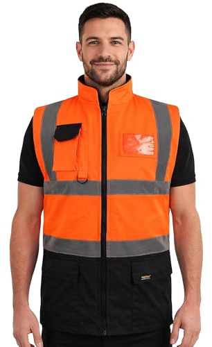 GUBA Hi Vis Body Warmer, Fleece Lined Reversible Gillet Jacket High Visibility Waterproof Workwear Safety Security Sleeveless Vest Warm Waistcoat Bodywarmers Plus Size (Orange/Navy-XXL)