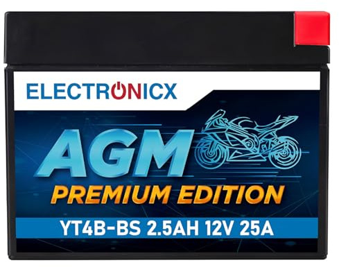Electronicx, AGM, Motorradbatterie Premium YT4B-BS 12V 2,5Ah Starterbatterie wartungsfrei versiegelt Roller, Quad, Mofa, Motorrad- Hochleistung 25A kompakt Powersport auslaufsicher vibrationsfest.