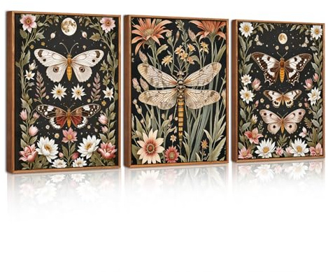 HPNIUB 3 Stück Vintage Schmetterling Blumen Leinwandbild Wohnzimmer 30x40cm