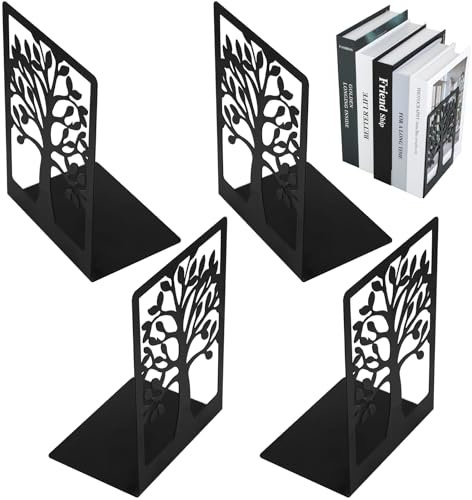 Sujetalibros metálicos Sujeta Libros Antideslizante para estantería para Libros Carpetas CD/DVD Libros para niños para Oficina/Escuela/casa (4 Piezas Negro)