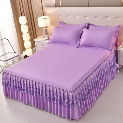 AMDXD 180x200cm Bettrock mit 2er Kissenbezüge Set 3tlg Laken, Spitze Bettrock Zum Umwickeln Einfarbig Lila Faltenresistent und Ausbleichen, Polyester Spannbettlaken für Boxspringbett & Topper