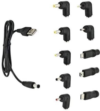 JZK Cable de alimentación DC a USB, Cable de alimentación 5V DC 5.5 x 2.1mm con 10 puntas de adaptador de corriente CC intercambiables, 5.5 x 2.5 mm, tipo C y más