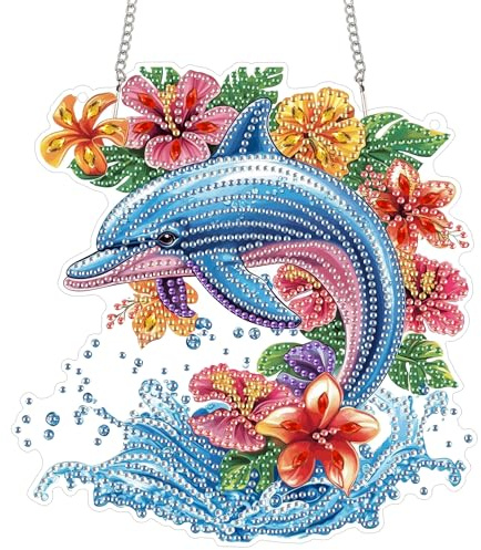 Reofrey Hanging Diamond Art Kits Adults– 8x8 Inch Dolphins Acrylic Board Double Sided Pattern Diamond Art Suncatcher Pendant, DIY Crystal Art for Home Wall or Window Decoration Handmade Gift