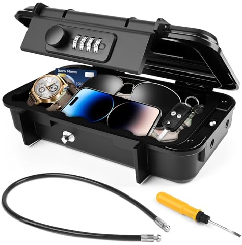 Coffre Fort de Plage,Coffre-fort Portable, [24 x 14 x 4 cm] Petit Coffre Fort de Sécurité Étanche avec Câble Métallique Amovible,Aux Chutes Boîte à Cadenas de Stockage de Clés pour Voyage,Bureau