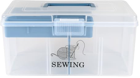 Panier à couture 2 couches avec poignée de transport - Boîte à couture vide en plastique transparent avec insert et couvercle à charnière - Boîte de rangement pour accessoires de couture, fil, boutons